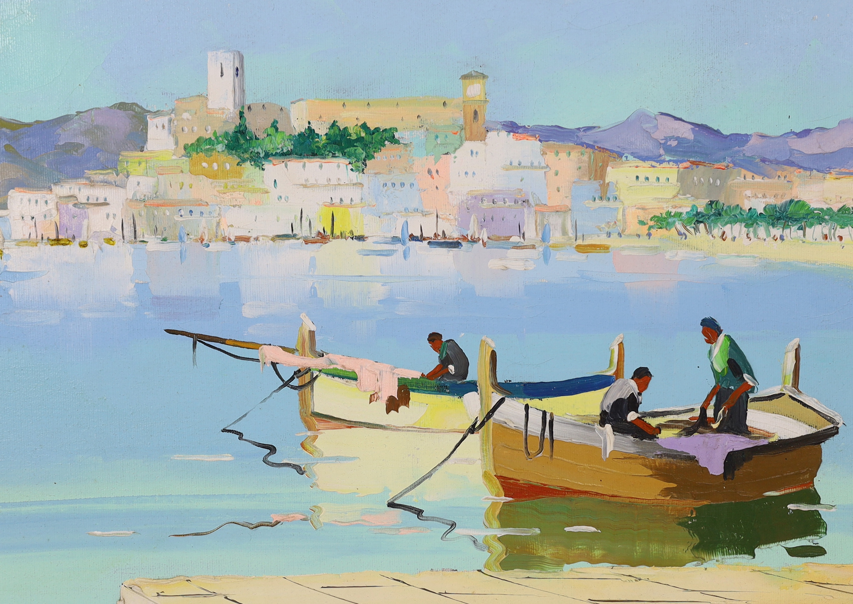 Cecil Rochfort D'Oyly-John (English, 1906-1993), Fishing boats along the Mediterranean coast, oil on board, 33 x 69cm